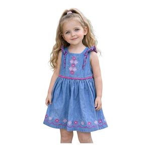 Kids Headquarters 4T 100% Cotton Chambray Embroidered Dress Pink Floral